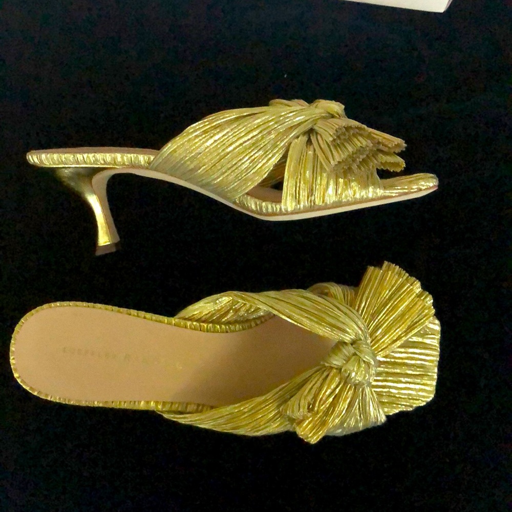 Loeffler Randall Emilia Gold Pleated Bow Kitten Heels New